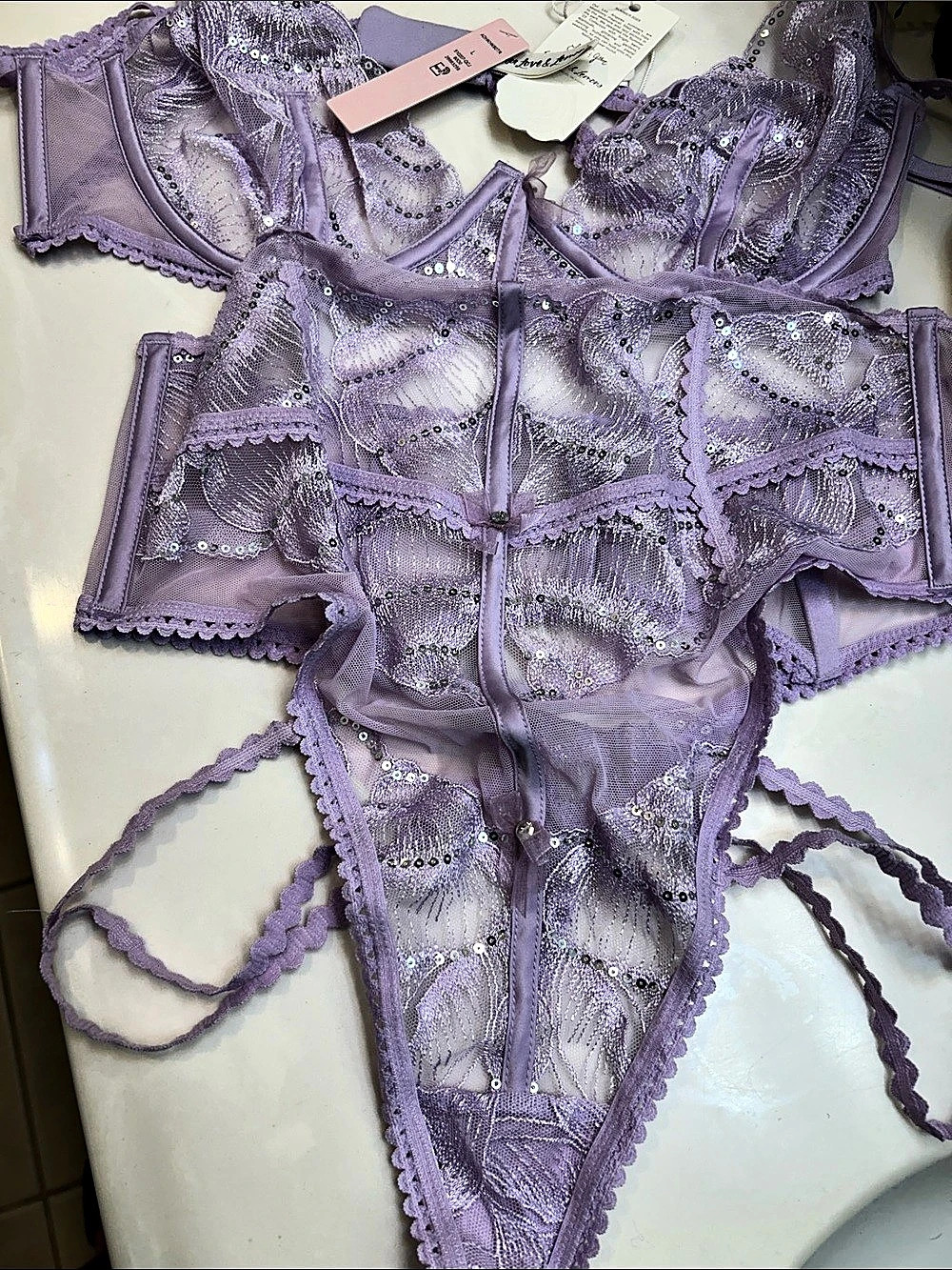 For Love & Lemons Lace Sequin Lingerie Set in Purple Size Large NWT
